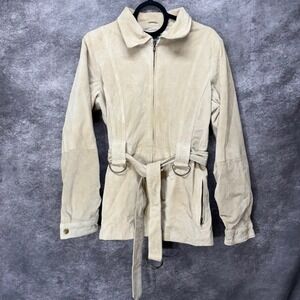 Y2K Neutral Zone Suede Leather Jacket Womens M Tie Belt Beige Utility Neutral